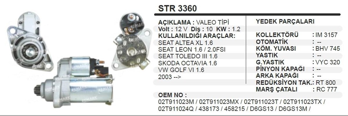 Marş Motoru 12V 10DİŞ Vw Golf Seat Ters STR3360 | AES STR3360