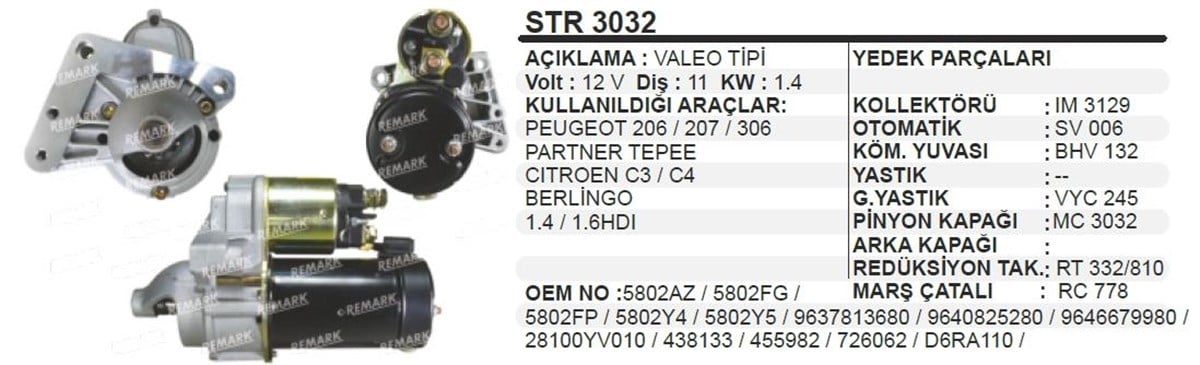 Marş Motoru 12v 11diş Pejo 206 306 Cıtr C3 4 5 Peugeot 206 207 307 Cıtroen C3 C4 Berlıngo | Remark Str3032