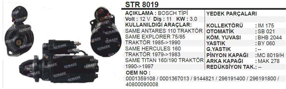 Marş Motoru 12V 11Diş Same Traktör Hercules Explorer 75 85 | Remark Str8019