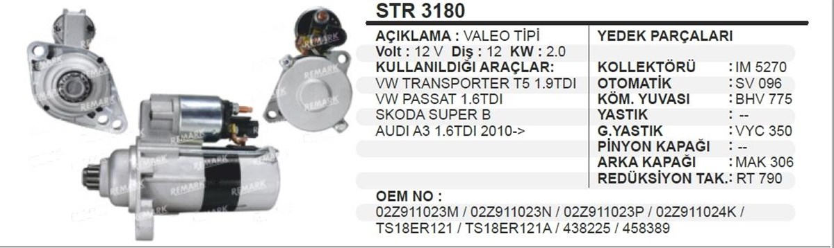 Marş Motoru 12V 12Diş Vw Transporter T5 1 9 Tdı Passat 1 6 Skoda Super B Audı A3 2 0Kw