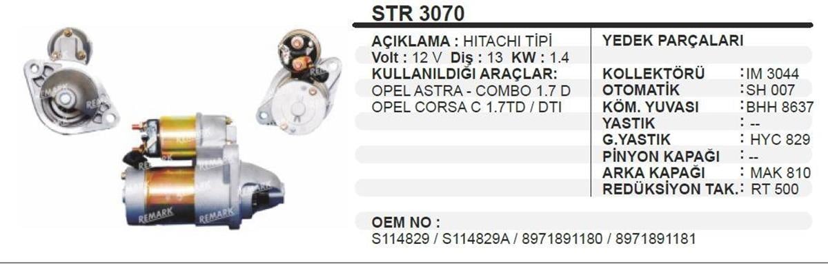 Marş Motoru 12V 13Diş Opel Astra Combo Corsa Str3070
