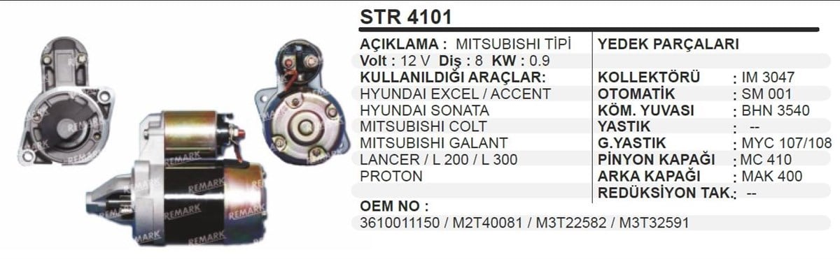 Marş Motoru 12V 8Diş Hyundai Accent Golt Excel Exel Sonato Langer Proton Galant Lancer L200 L300 Str4101