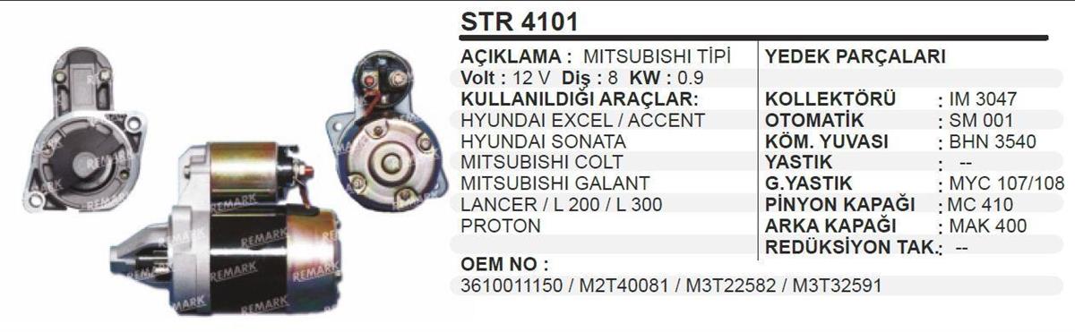 Marş Motoru 12V 8Diş Hyundai Accent Golt Excel Exel Sonato Langer Proton Galant Lancer L200 L300 Str4101