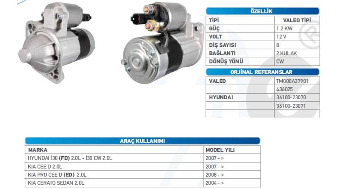 Marş Motoru 12V 8Diş Kia Hyundai İ30 Kia Ced Cerato