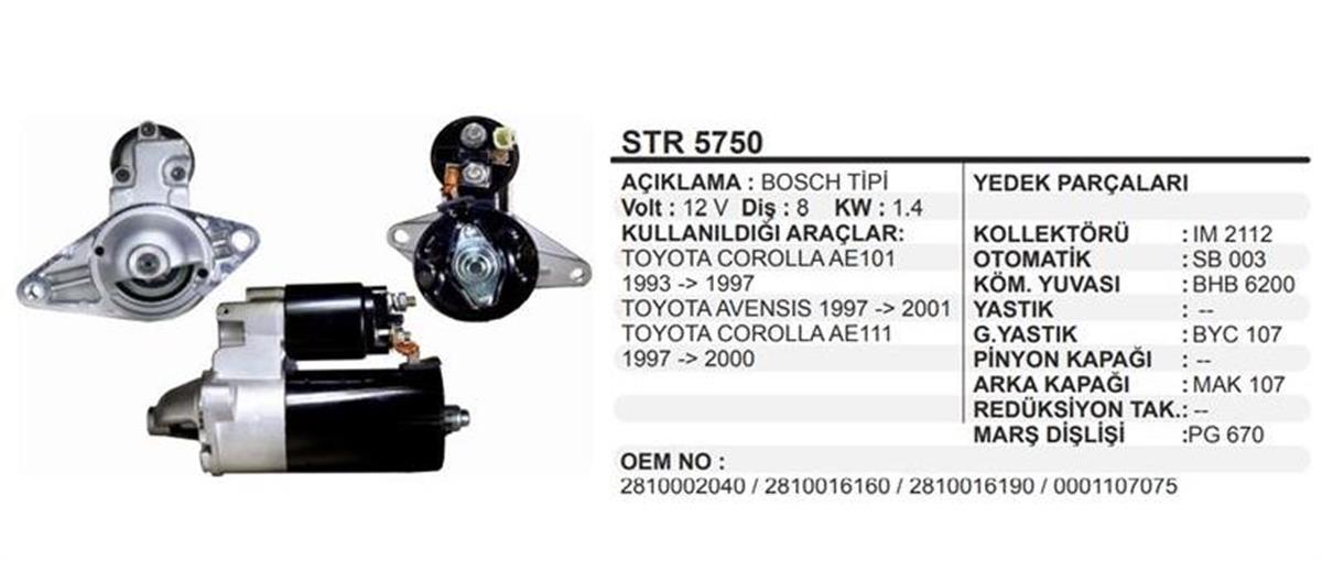 Marş Motoru 12V 8DİŞ 1,4 Kw Bosch Toyota Corolla AE101 AE111 97-20 | REMARK STR5750