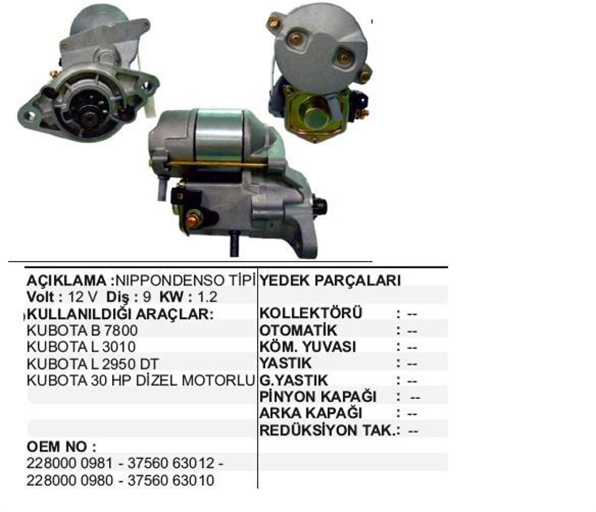MARŞ MOTORU 12V 9DİŞ 1.4 KW DENSO TİP KUBOTA