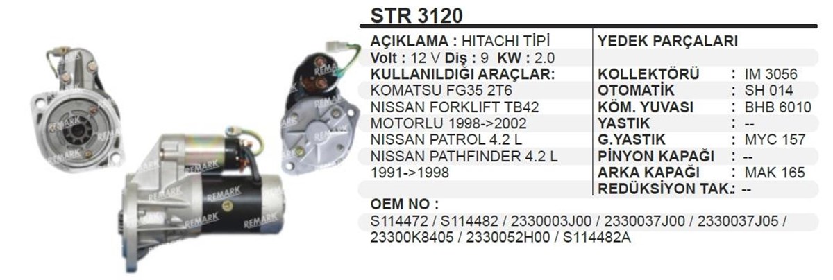 Marş Motoru 12V 9DİŞ 2,0 Kw Forklift Nıssan Patro Komatsu-patrol-pathfınder 9D 2KW Hitachi Nissan Forklift | REMARK STR3120