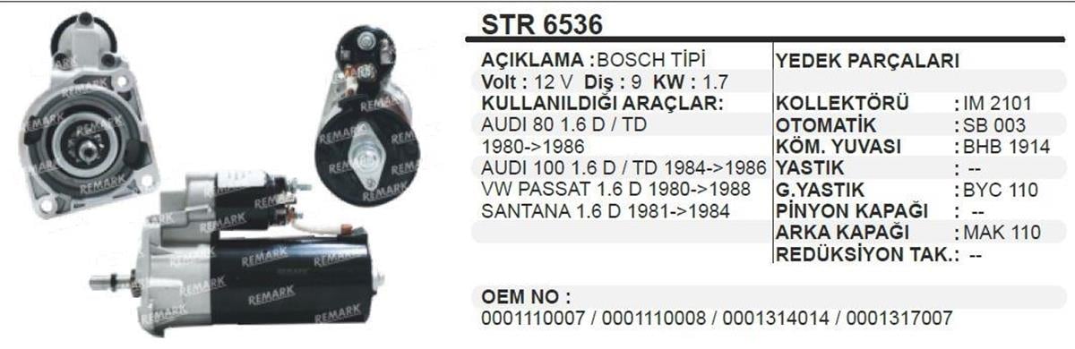 Marş Motoru 12v 9diş Audi 80 Dizel 90 Str6536 Udı 80-90 / Volkswagen Passat 1.6 Dizel 0001110 | Aes Str6536oem
