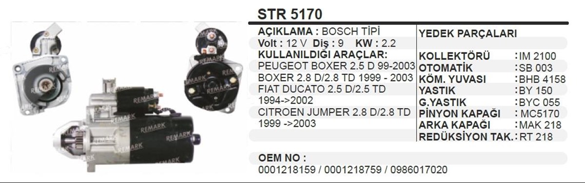 Marş Motoru 12V 9DİŞ Citroen Jumper 2.8 Dizel Ducato Boxer | AES STR5170
