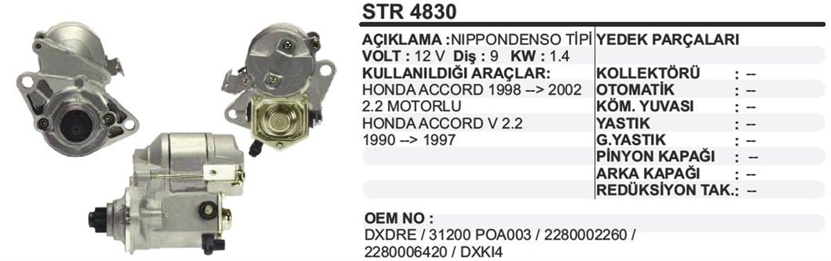 Marş Motoru 12V 9Diş Honda Accord 90 02 1,4Kw Sm40204 2280002260 2280006420 Denso1280007460, 2280006680