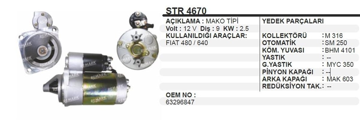 Marş Motoru 12v 9diş Fiat Traktör 450 480 480s 54c 640 55/46 Deutz Chrysler Pd250 Dodge Fargo Traktör Str4670 Str7126 63217126 | Martek Str4670