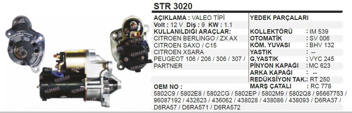 Marş Motoru 12V 9Diş Pejo 106 206 306 Cıtroen  Dfm Valeo 432591  Valeo 442623