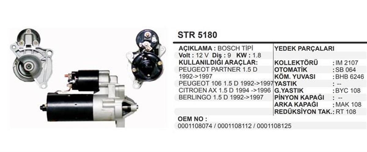 Marş Motoru 12V 9DİŞ Peugeot Pejo Partner 106 Citroen Berlingo 1.5 D | MARTEK STR5180