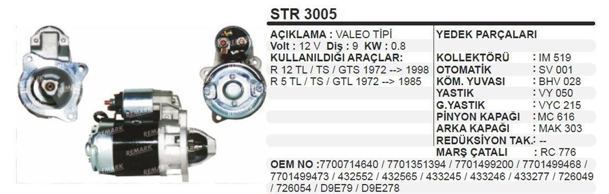 Marş Motoru 12V 9DİŞ R12 Toros Trafık STR3005 VALEO432565 REMARK-STR3314-GÜÇLENDİRİLMİŞ 63208002 | SCHENNA STR3005