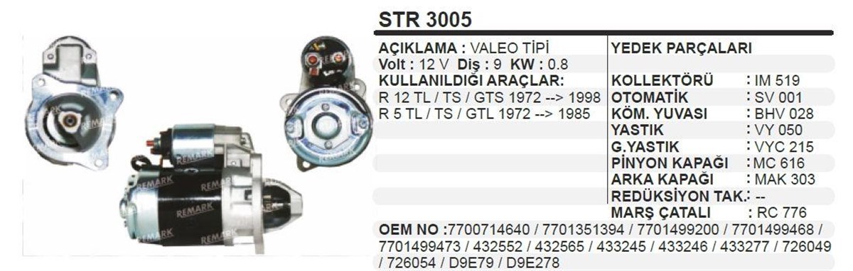 Marş Motoru 12V 9DİŞ R12 Toros Trafık STR3005 Valeo 432565 Remark- STR3314 -Güçlendirilmiş 63208002 | WUTSE STR3005