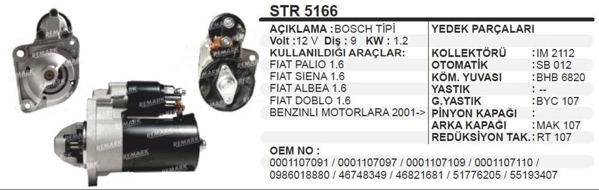 Marş Motoru 12V 9Diş (Revizyon) Palio Albea Doblo 1,6 Brava Browa Slx Str5166 | Aes Revstr5166