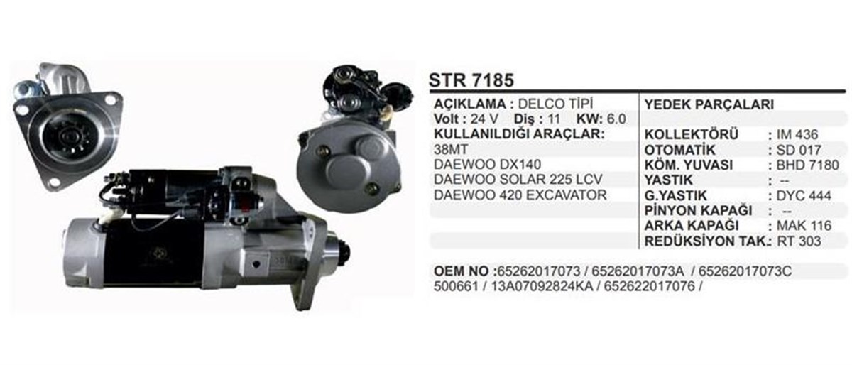Marş Motoru 24V 11DİŞ 6KW 38MT Daewoo Doosan 340LC Excavatör Solar DX140 | MARTEK STR7185