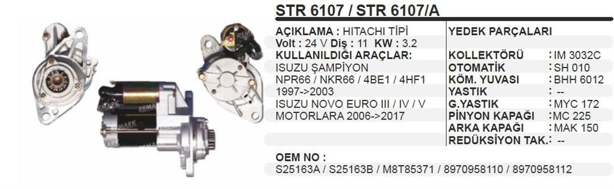 Marş Motoru 24v 11diş Isuzu Şampıyon Str6107 Str6112 | Martek Str6107