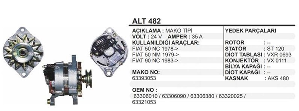 Alternatör 24V 40AH Fiat 50NC İveco 65.9 50NC/M24 Ym (Tekli Kasnak 9.5 Kayış) 63393053 | MARTEK ALT482