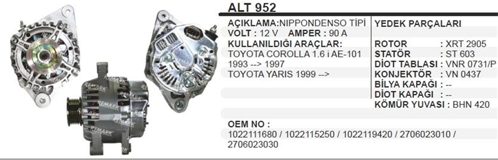 Alternatör 12V 90AH Toyota Corolla Yaris 93 97 (Dar Ayak) | MARTEK ALT952