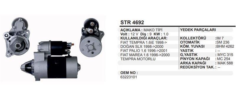 Marş Motoru 12V 9DİŞ Tofaş Doğan Kartal Şahin Slx Fiat Uno Tipo Tempra (Sekmansız) STR4692 STR3101 63223101 31146N STR31146N | MARTEK STR4692