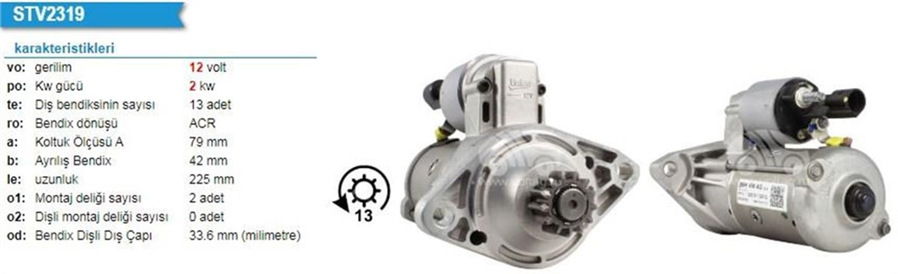 Marş Motoru 12V 13DİŞ ( Orjinal ) Vw Passat Golf Audi Seat Start-stop 02E911022C | ORJ VALEORSW20R10