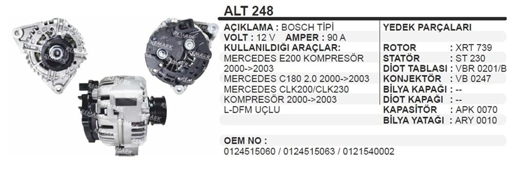 Alternatör 12V 90AH Bosch Tipi Mercedes E200 C180 CLK200 CLK230 Kompresör 2000-2003 ALT248 | REMARK ALT248