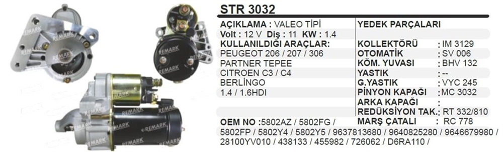 Marş Motoru 12V 11DİŞ Pejo 206 306 Cıtr C3 4 5 Peugeot 206 207 307 Citroen C3 C4 Berlingo | REMARK STR3032