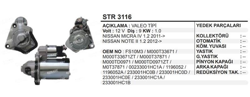Marş Motoru 12V 9DİŞ 1,0 Kw Nissan Micra 1.2 Note 1. Mikra | REMARK STR3116