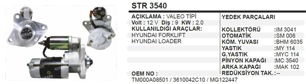 Marş Motoru 12V 9DİŞ Hyundai Forklift Loader | REMARK STR3540