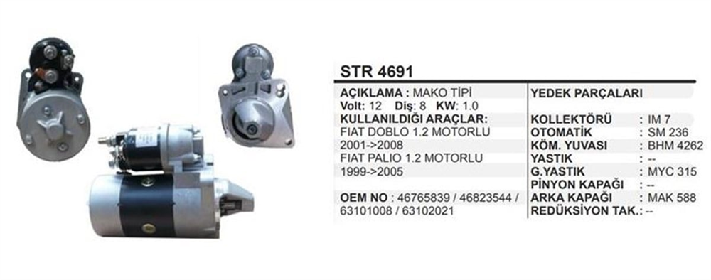 Marş Motoru 12V 8DİŞ Fiat Doblo 1.2 Palio 1.2 Mako Tip | REMARK STR4691