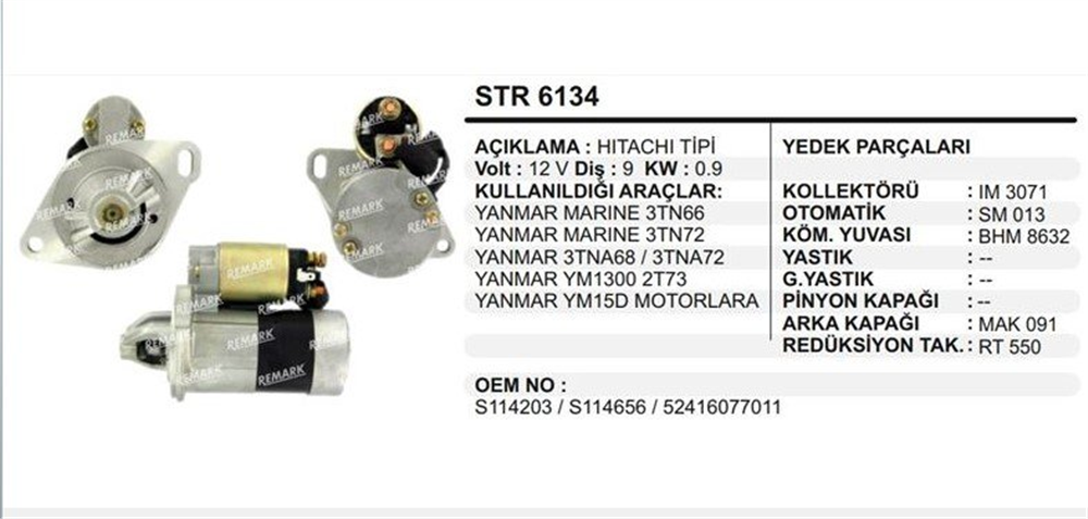 Marş Motoru 12V 9DİŞ Yanmar Marine 3TN62 3TNA68 STR6134 | REMARK STR6134