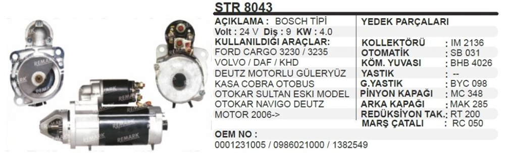 Marş Motoru 24V 9DİŞ 4,0 Kw Dodge As 950 Otokar Khd Deutz Ag Sultan Otobus | REMARK STR8043