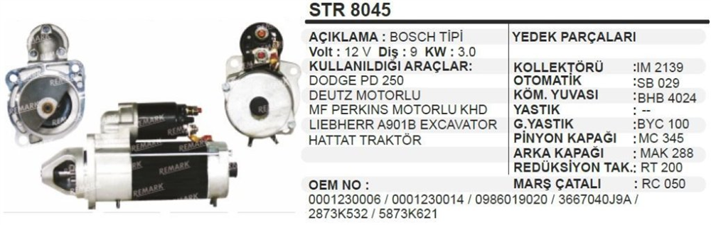 Marş Motoru 12V 9DİŞ Cargo Doç AS250 Magirus Atlas Copco Claas Bomag Deutz Ag Khd Same Fendt IS1254 Volvo Kepçe | REMARK STR8045