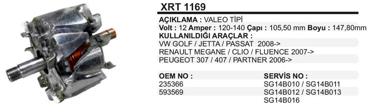 Rotor 12V 120A-140A Vw Renault Peugeot Partner Golf Passat Megan Clio Partner XRT1169 | KEMALİ KA001