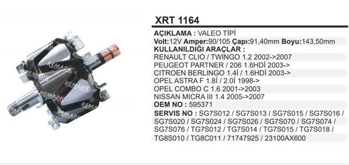 Rotor 12V 90-105AH Valeo Citroen Peugeot Nissan Fiat Opel Astra Combo Peugeot Partner | REMARK XRT1164
