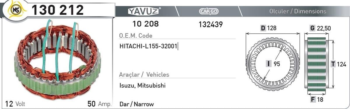 Statör 12V 50Ah Isuzu Mıt Dar*F18*I95*T124 130212 | Nursan 130212
