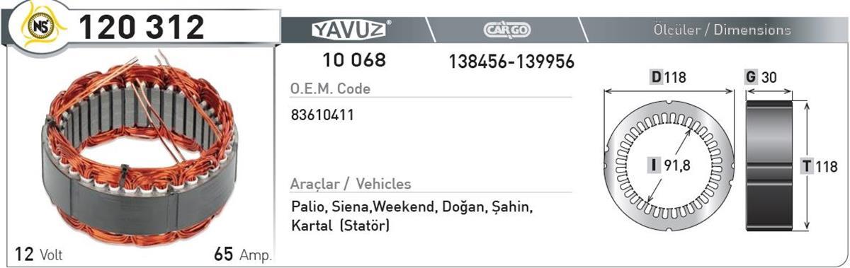 Statör 12V 65Ah Palio Dkş 120312 | Nursan 120312