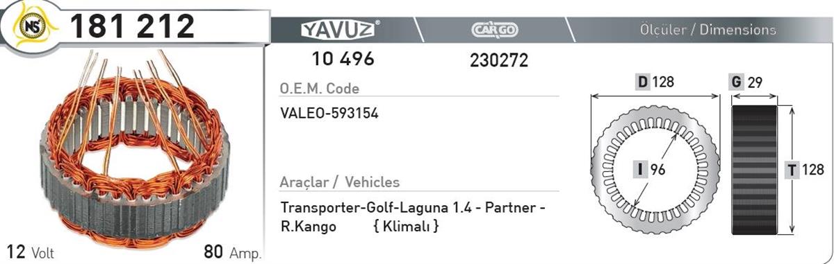 Statör 12V 80Ah Bmw Kango Laguna 181212 10496 | Nursan 181212