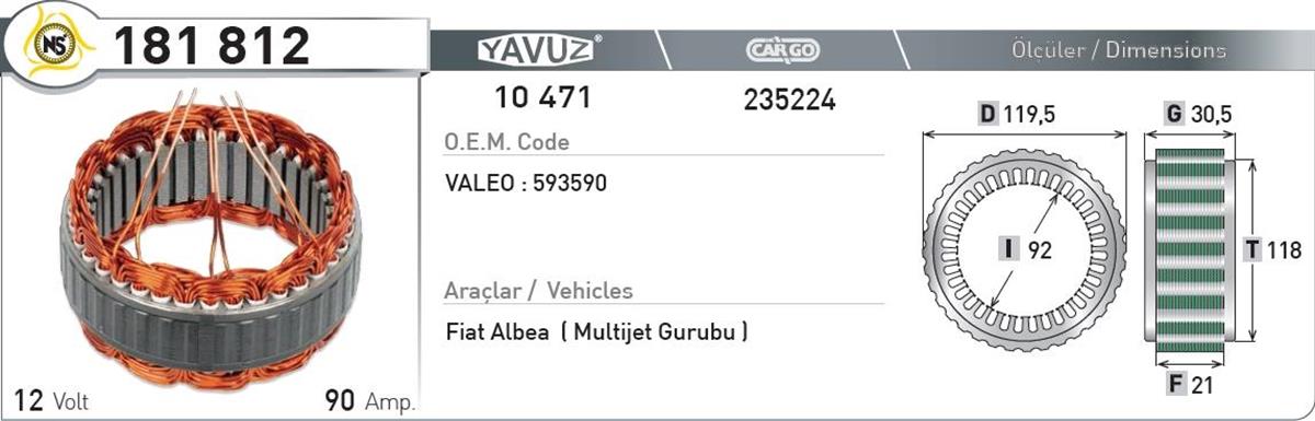 Statör 12V 90Ah Fiat Albea Multıjet | Nursan 181812