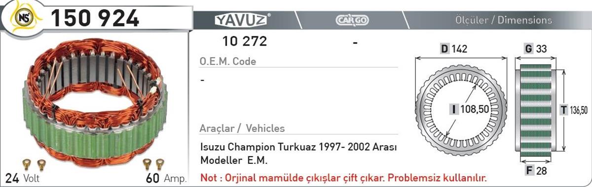 Statör 24V 60Ah Isuzu Şamp Klimalı 150924 | Nursan 150924