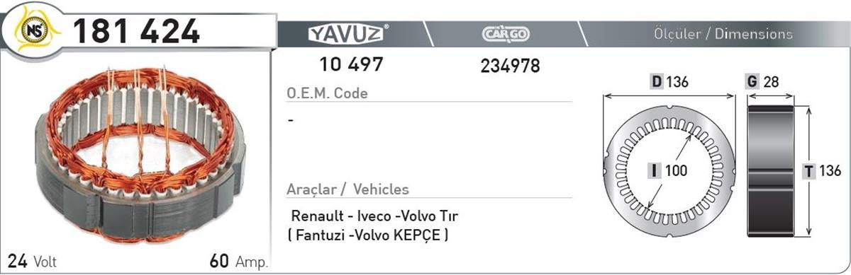 Statör 24V 60Ah Renault Iveco Tır Valeo 181424 | Nursan 181424
