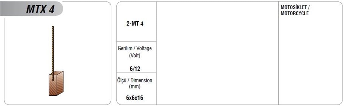 Takviye Motor Motorsiklet Kömürü Mtx4 6*6*16 (kutu İçeriği 2 Adet) | Mega Mtx4