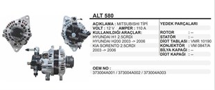 Alternatör 12v 110ah Kia Sorento 2,5/h1-h200 Hyundai Starex H1 2.5 Crdi Kia Sorento 7 Kanal Bilyalı Kasnak | Remark Alt580