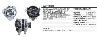 Alternatör 12v 130ah Honda Accord Crv 2,0l 08 31100rzpg01 1042105370 Dan1148 Alt2820 | Remark Alt2820