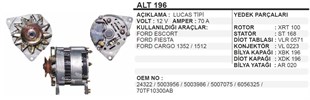 Alternatör 12v 65ah Ford Cargo 1352 1512 Escort Ford Escort Fıesta Cargo 1352 1512 70a (alt4028) Escort-taunus 70a Lucas | Ithal T196