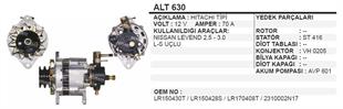 Alternatör 12v 70ah Bmc Levent Nissan Tata 2fişli (büyük Vakum) Kare Soket Alt630 | Schenna Alt630