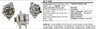 Alternatör 12v 70ah Corolla 1,6 96 Alt948-rm Alt948-bp Ema3627-wut | Remark Alt948