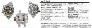 Alternatör 12v 70ah Corolla 1,6 96 Alt948 Wutse-13482n Ygt 20090c Bp Ema3627-wut Alt13482 | Ithal T948oem
