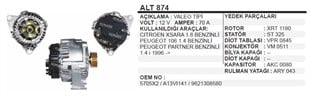 Alternatör 12V 70AH Citroen X Sara 1.6 Benzinli Peugeot 106 1.4 Citroen Peugeot Partner Benzinli 1.4 | MARTEK ALT874